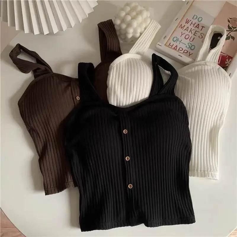 Women's Cropped Tops with Bra Pads Summer Corset Korean Suspenders Vest Sexy Camisole Slim - AIAZ