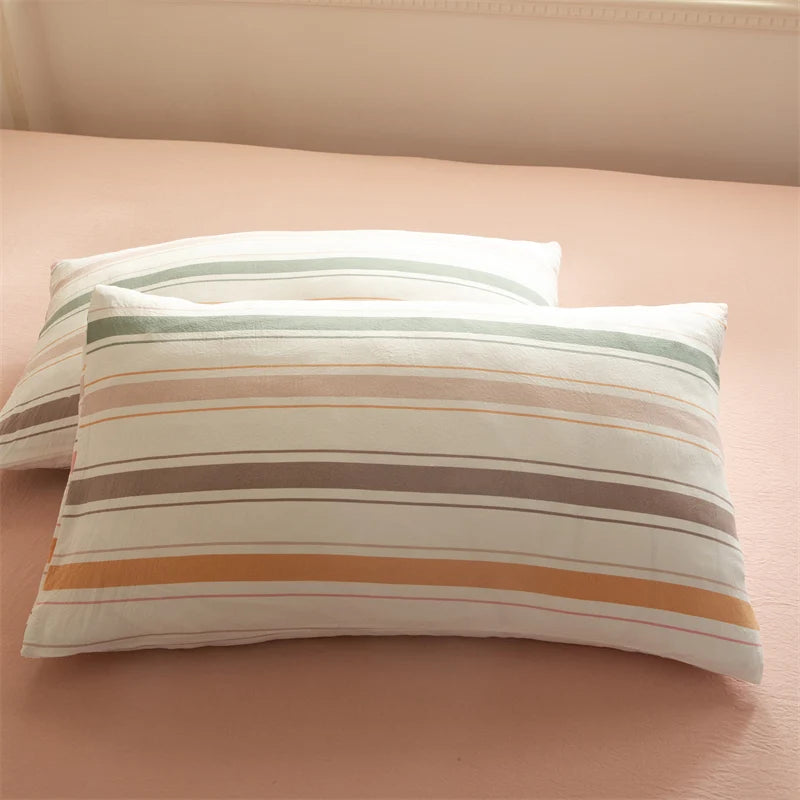 Striped Duvet Cover Set Queen 100% Washed Cotton Bedding Set, Luxury Soft Pink Vertical Ticking Stripes Comforter Cover, (3pcs)