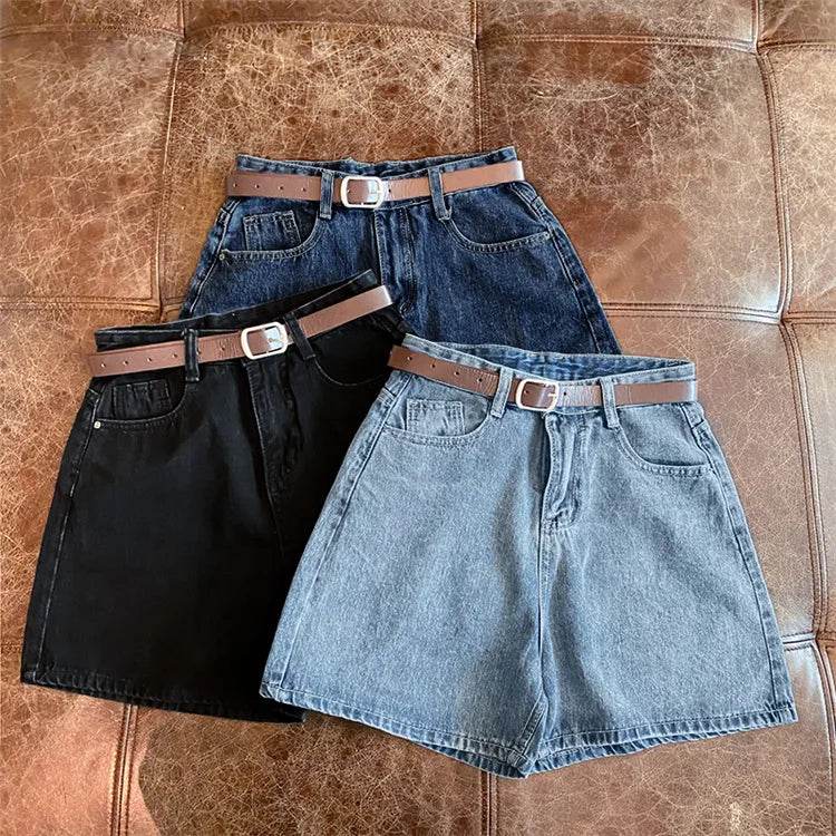 Denim shorts women's summer new trendy Instagram high waist simple slimming loose wide leg versatile A-line hot pants - AIAZ