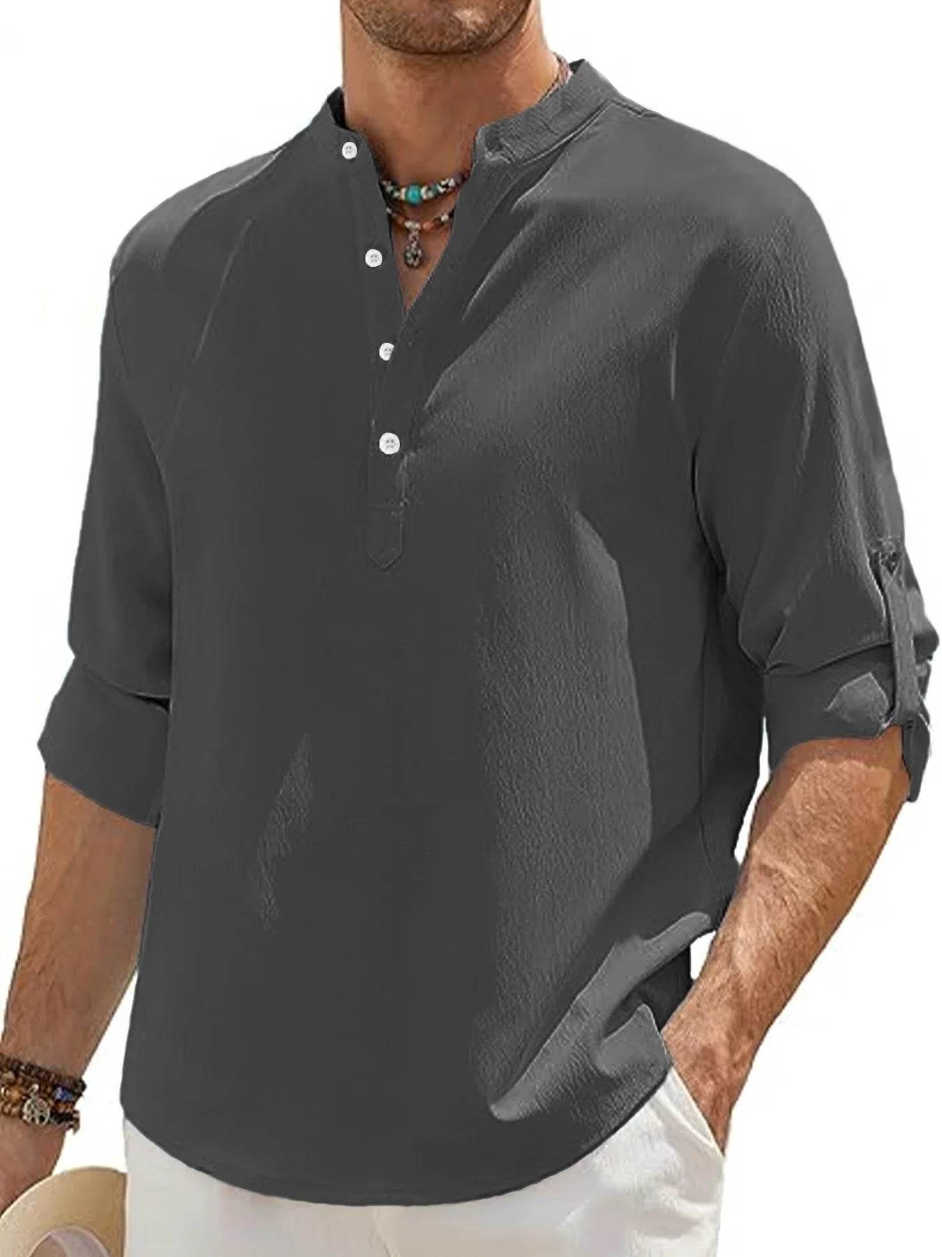 Men's Linen Shirt Summer 2025 Casual Short Sleeve Breathable Stand Collar Loose Fit Trendy Solid Color Youth Top with Pocket - AIAZ