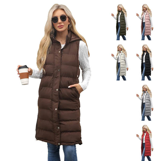 Winter Lady's Longline Vest Hooded Sleeveless Longline Solid Zippered Fly Quilted Coat For Women Elegant Female's Padded Coat - AIAZ