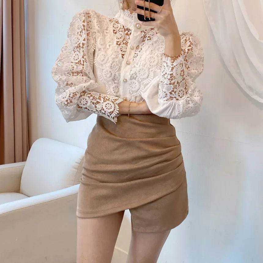 Women's Summer Lace Shirt Button White Top Fashionable Casual Top for Spring Autumn4107 - AIAZ