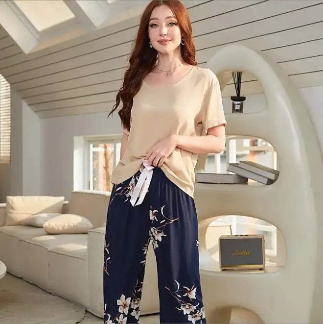 Breathable 2PCS Pajama Short Sleeve Printed Pijama Mujer Femme Loose Nightwear Suit Female Casual Homewear Pajama Set For Women - AIAZ