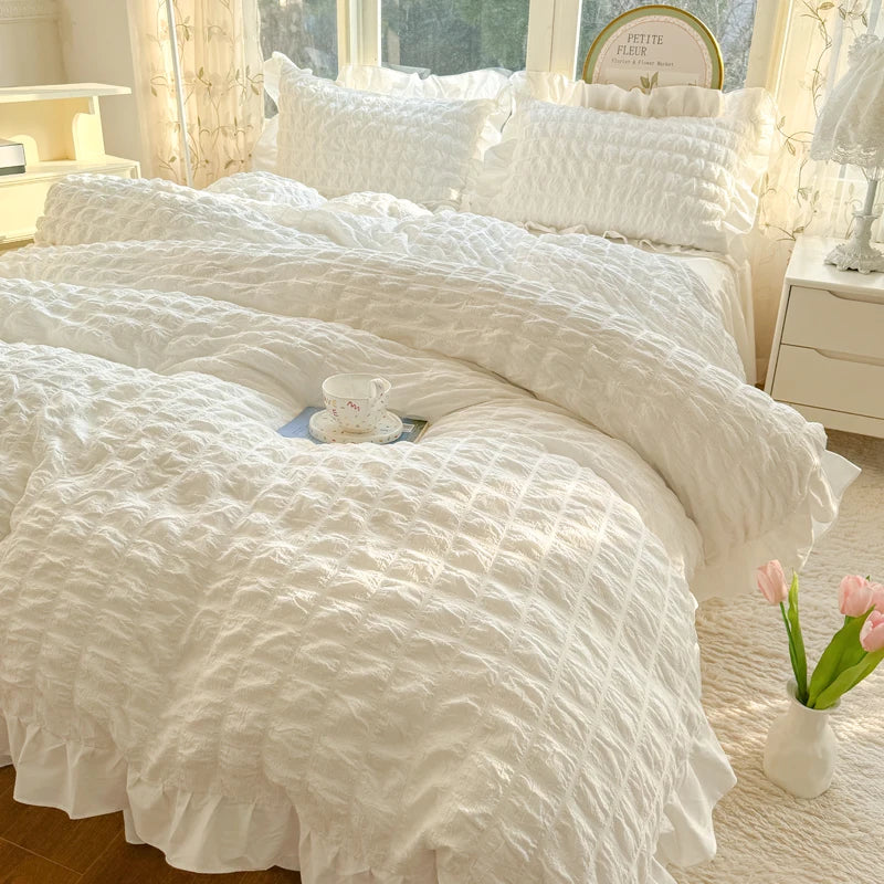 Korean Princess Style Lace Ruffles Bedding Set Skin-friendly Soft Seersucker Duvet Cover Set Bed Sheet Or Bed Skirt Pillowcases