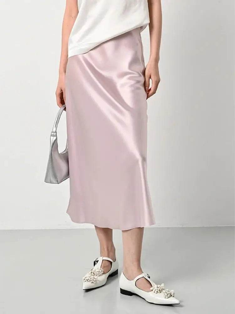 High Waisted Satin Long Skirts for Women Spring/Summer New 2025 Women's Skirt A-line Fashion Elegant Slim Fit Grey Black Skirt - AIAZ