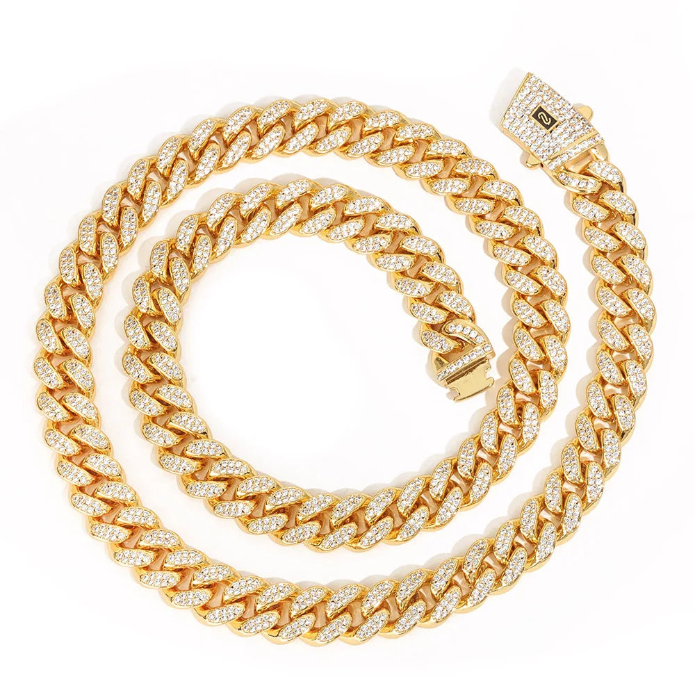 12mm S925 Silver Double Row VVS Frozen Diamond Monaco Chain 18K Gold Plated 100% Passed Diamond Tester Moissanite Necklace