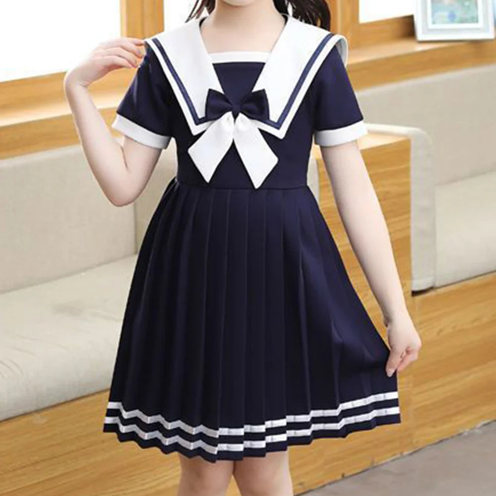 New Solid Color Sailor Dress Girls' Cute Princess Dress Summer Fashion Casual Birthdays Party Dress Girls Lolita JK Dresses