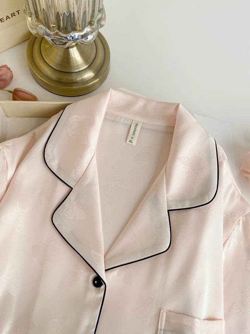 Summer Short Sleeve Pajamas Set Trouser Suits Women Sleepwear Elegant Pink Jacquard Butterfly Pyjama Pour Femme Satin Homewear - AIAZ