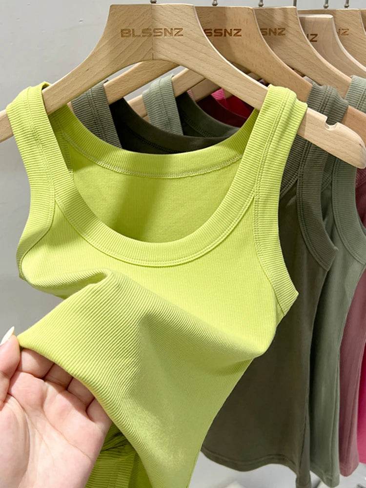 Women Solid Round Neck Ribbed Tank Top Camisole Women 2025 Summer Basic Elastic Tank Top O Neck Solid Tank Top - AIAZ