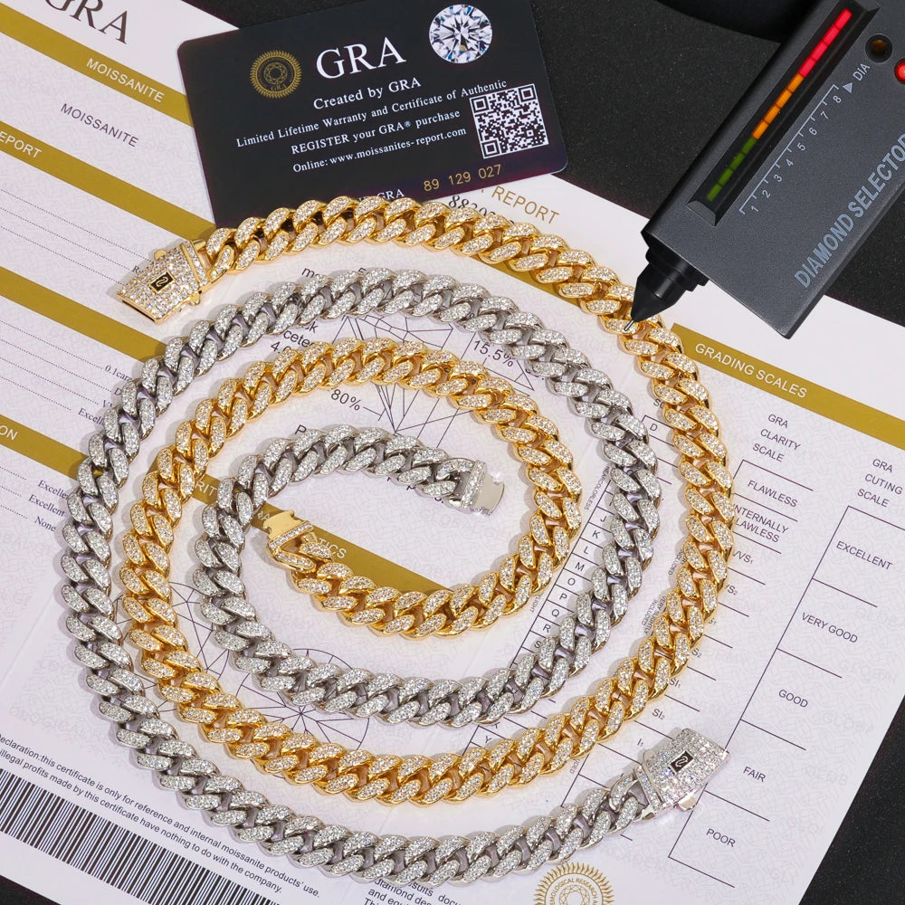 12mm S925 Silver Double Row VVS Frozen Diamond Monaco Chain 18K Gold Plated 100% Passed Diamond Tester Moissanite Necklace