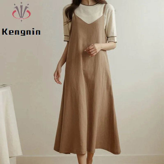 Dresses for Women 2025 Loose Elegant Dress Woman Sexy Sleeveless Spaghetti Strap Pockets Cotton Off The Shoulder Dress KE1409 - AIAZ