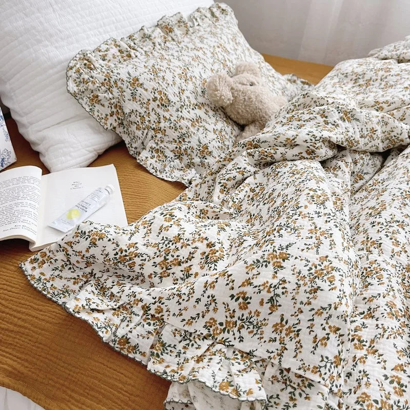 Korean Vintage Floral Printed Ruffled Cotton Baby Duvet Cover Kids Children Infant Cot Crib Duvet Covers Quilt Cover Bedding