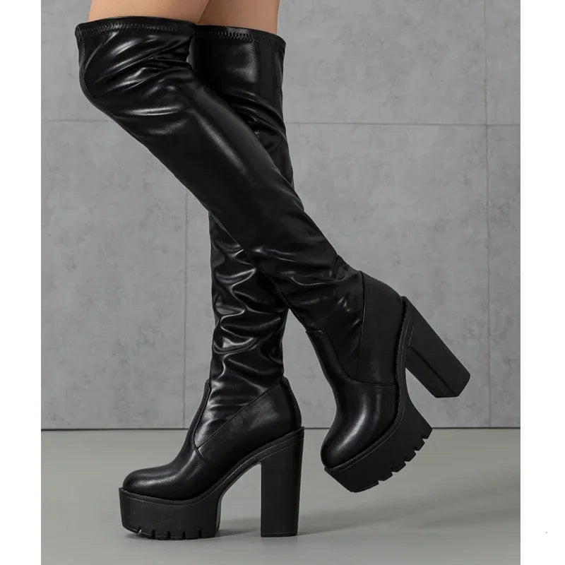 Eilyken Winter Soft Leather Women Over The Knee Boots Fashion Round Toe Square Platform Heels Shoes Sexy Long Booties