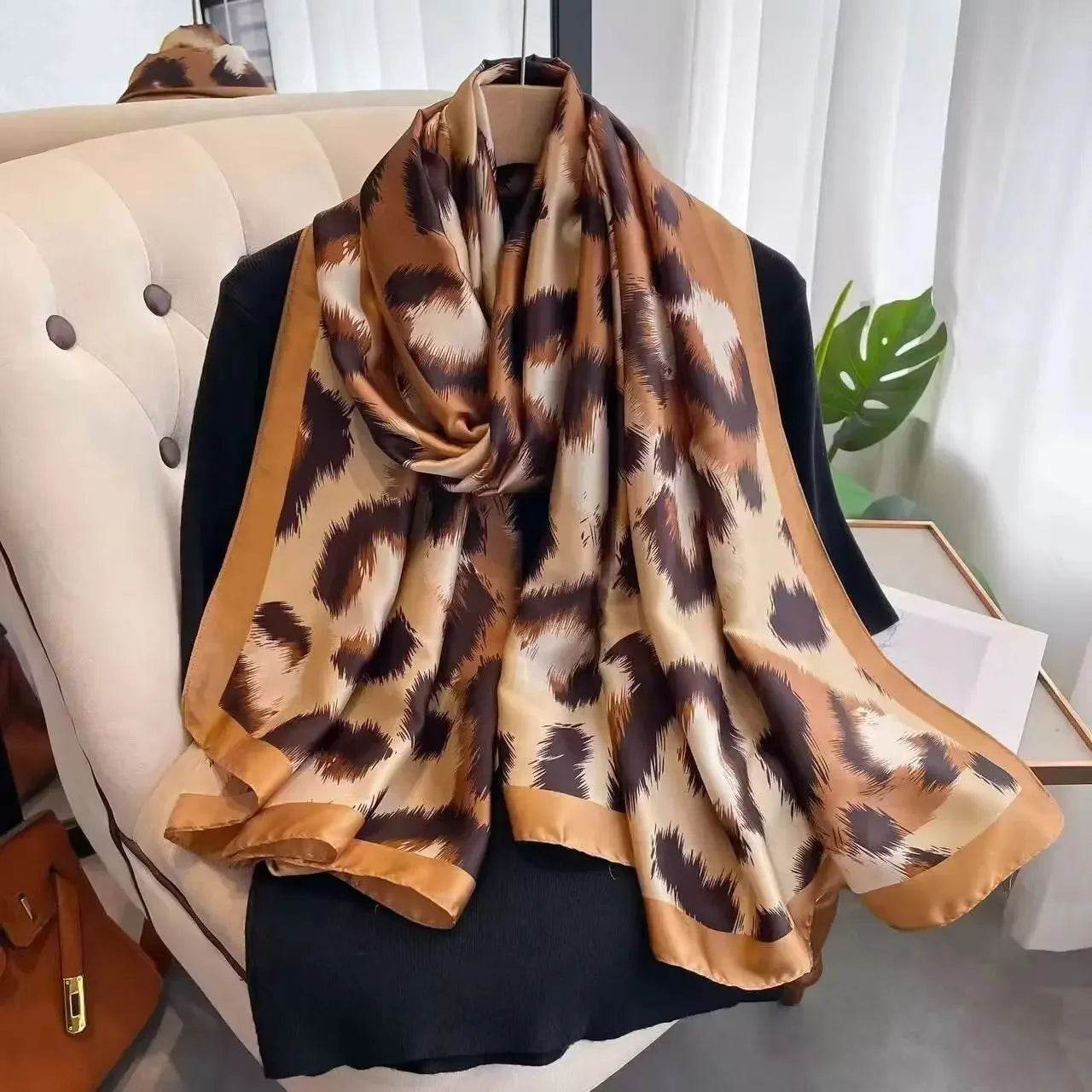 New Summer Women's Silk Scarf Sun Protection Satin Print Extra Long Beach Cover Up Decorative Mom's Shawl Fashionable Accessory - AIAZ