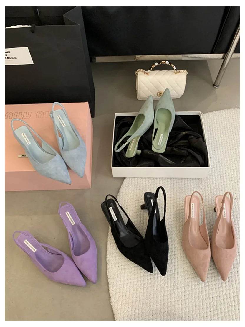 Fashion Brand Slingback Sandals Women Med Heels Pumps Elegant Pointed Toe Female Mules Dress Slides Sandalias Mujer Verano Mujer - AIAZ