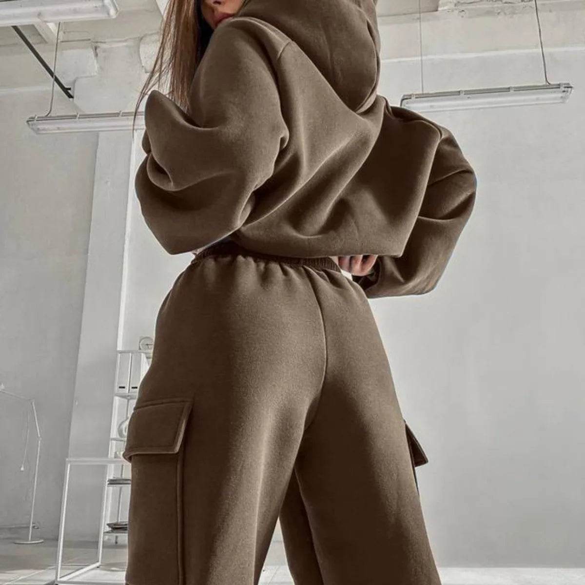 Hoodies Suit Winter Autumn Solid Casual Tracksuit Women Fleece 2 Pieces Set Sports Sweatshirts Pullover Jogger Sweatpants Outfit - AIAZ