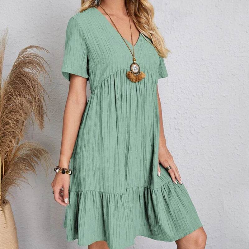 Women Mini Dress Summer Casual Solid V Neck Ruffles A-line Dress Female Fashion Holiday Boho Loose Beach Elegant Dresses Vestido - AIAZ