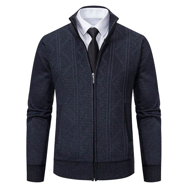 Thickened jacket men's autumn and winter warm trend line stand collar knitted cardigan sweater coat - AIAZ