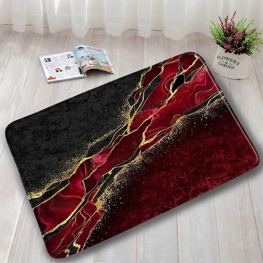 Abstract Marble Bath Mat Sets Modern Geometric Gold Lines Blue Texture Pattern Bathroom Decor Carpet Non-Slip Rugs Toilet Cover