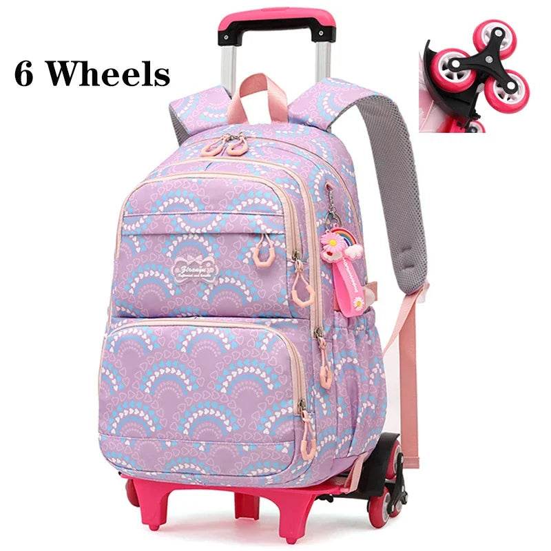 Rolling School Bags for Girls Backpack Children Waterproof School Backpacks with Wheels Middle School Trolley Luggage Back Pack - AIAZ