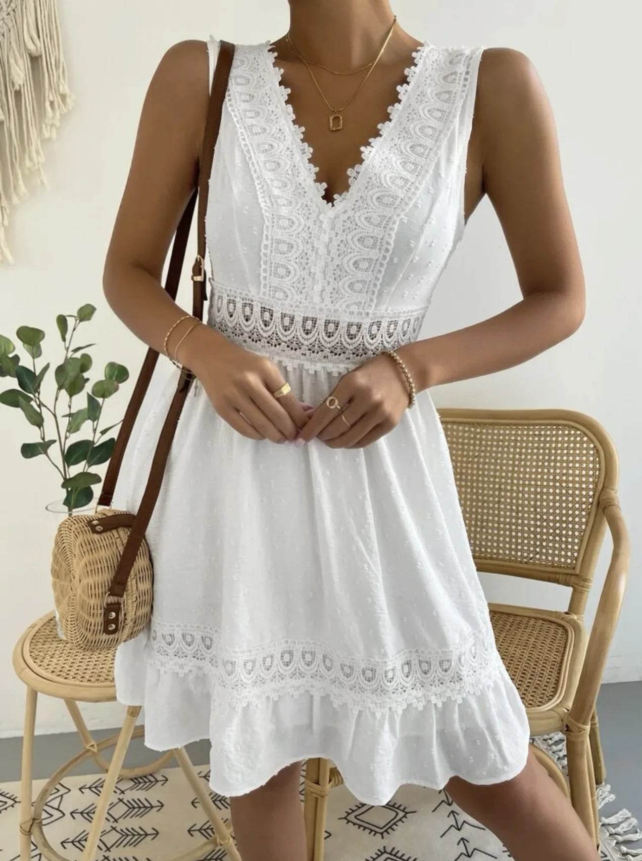 Women's White Party Dress Fashion Lace V-neck Ruffle Hook Flower Hollow Waist Mini Women Dresses Summer Sexy Prom Female Vestido - AIAZ