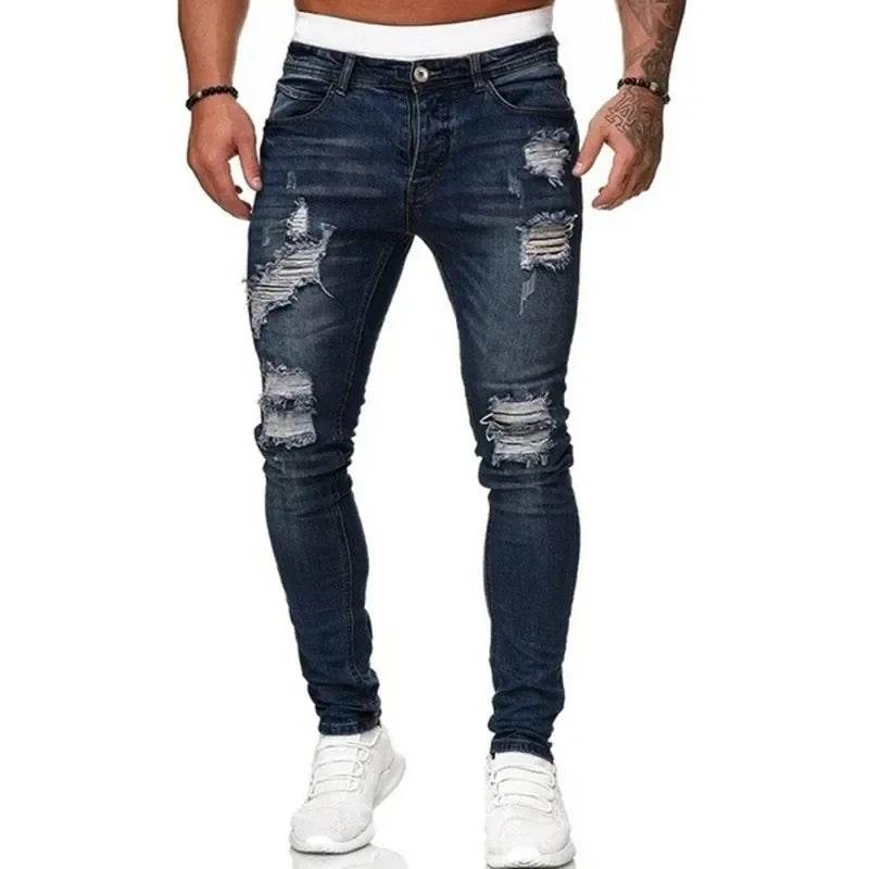Fashion Street Style Ripped Skinny Jeans Men Vintage wash Solid Denim Trouser Mens Casual Slim fit pencil denim Pants hot sale - AIAZ