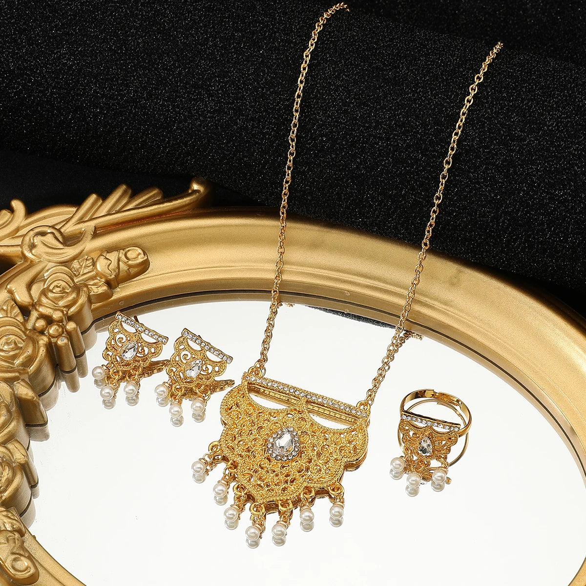 2024 New Unique Design 18k Gold Plated Stainless Steel Necklace earrings ring for women's jewelry set  Wedding Holiday Gifts