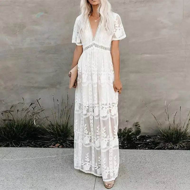 Women's Dress White Hollow Out Cotton Sundress Lace Sleeveless Long Splicing Summer Party Elegant Evening Woman Skirt Clothing - AIAZ