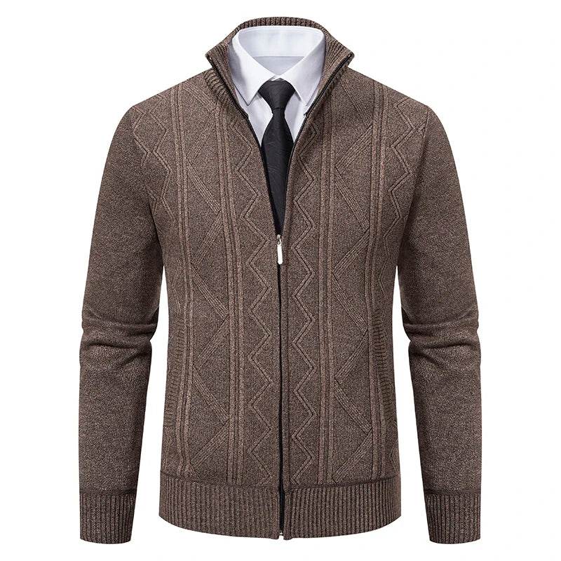 Thickened jacket men's autumn and winter warm trend line stand collar knitted cardigan sweater coat - AIAZ
