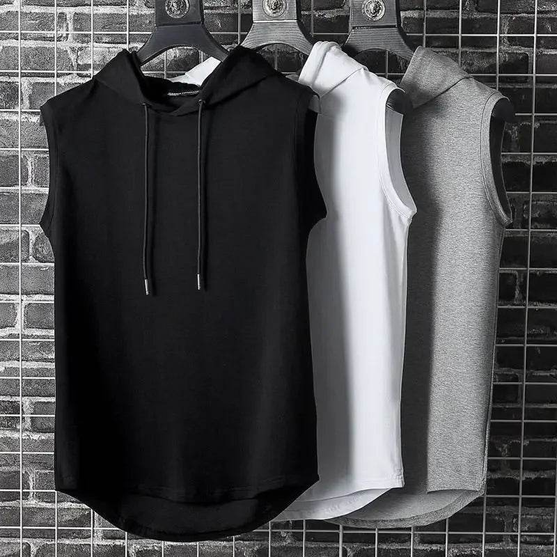 Men Tie Collar Hooded Sleeveless Vests Male Summer Loose Solid Hip Hop Tee Shirt Tops - AIAZ