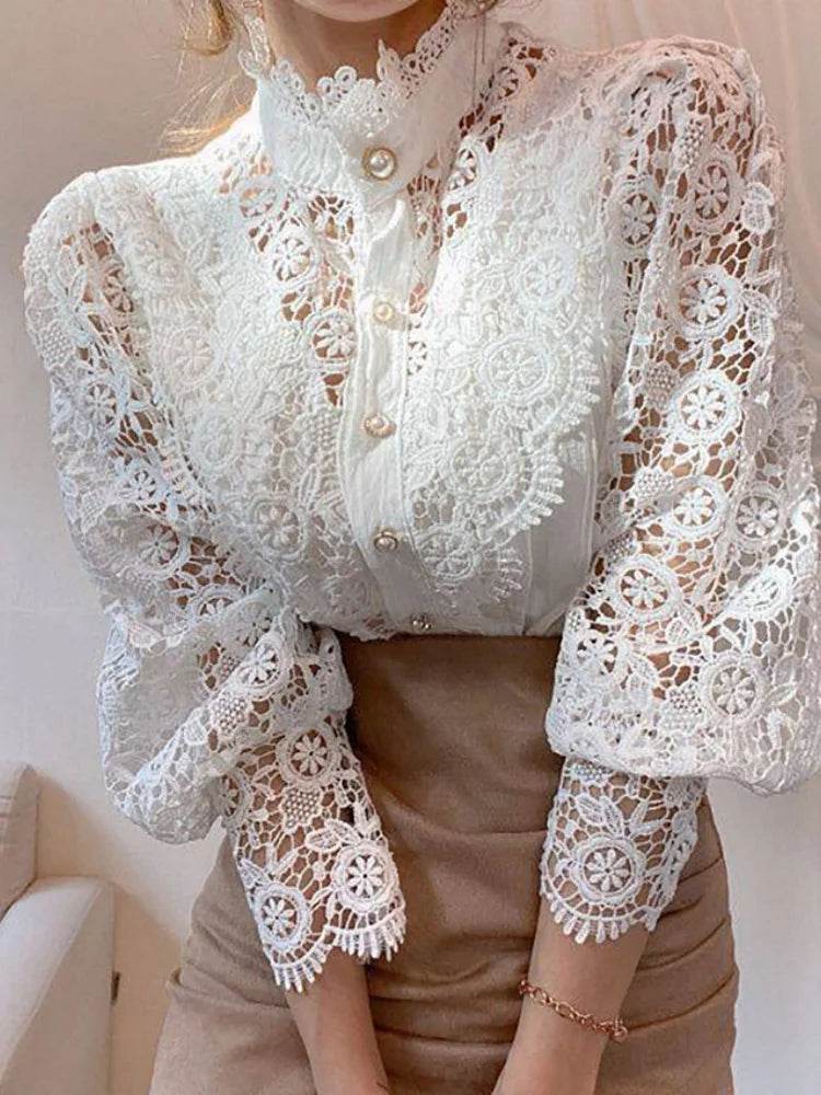 Women's Summer Lace Shirt Button White Top Fashionable Casual Top for Spring Autumn4107 - AIAZ