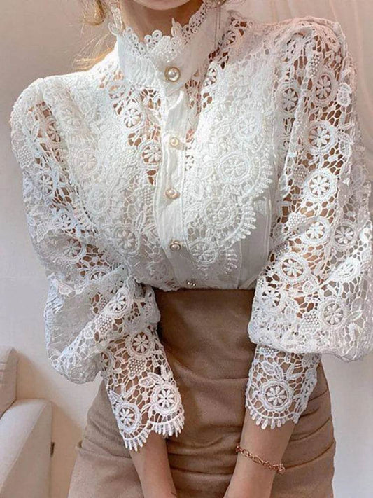 Women's Summer Lace Shirt Button White Top Fashionable Casual Top for Spring Autumn4107 - AIAZ