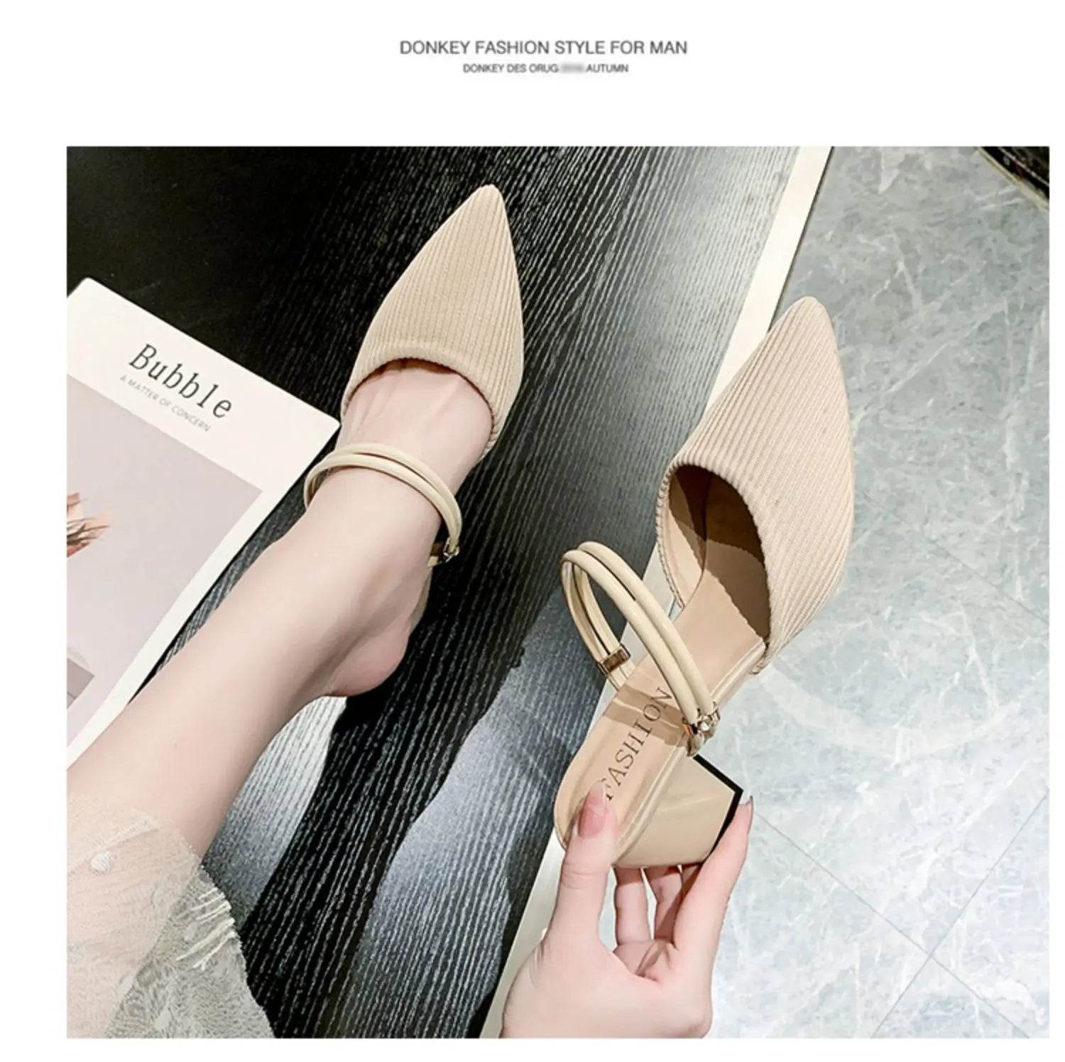Korean Sle High Heel Sandals Women Summer Outdoor Wear Pointed Toe Double Wear Mules Cover Head f Slip Small Fraance Wind - AIAZ