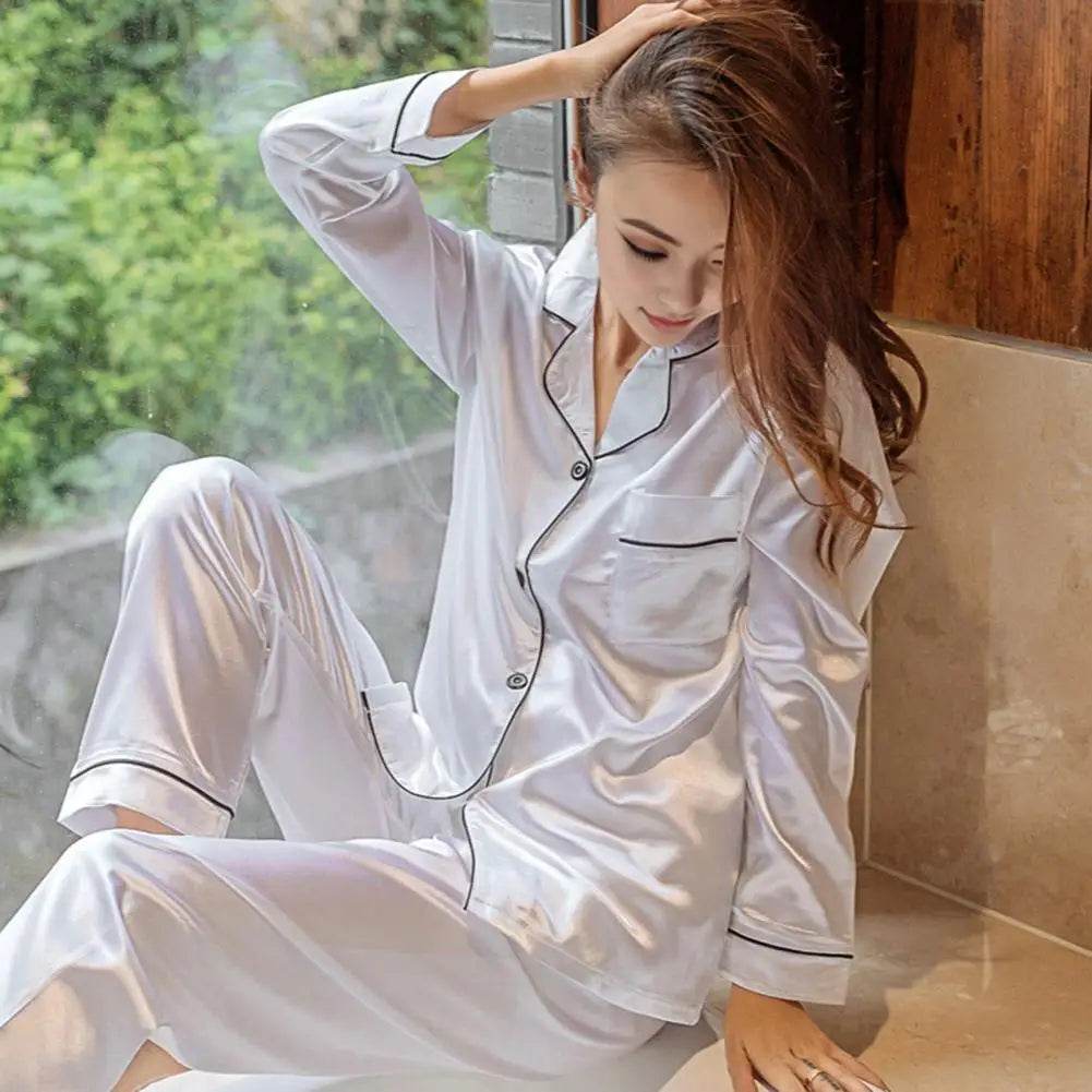Women Two-piece Pajama Set Classic Design Sleepwear Elegant Women's Silk Pyjama Set with Long Sleeve Button Top Elastic for Home - AIAZ