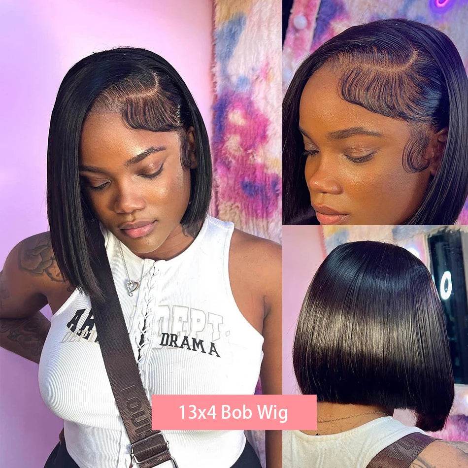 13x4 Straight Lace Frontal Bob Wig Human Hair Transparent 100% Human Hair 4x4 Lace Closure For Women Brazilian Wig 12 14 16 Inch - AIAZ