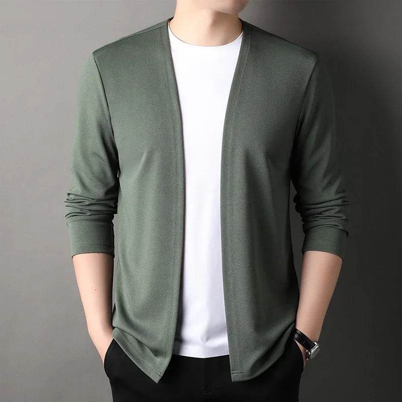 New Men's Casual Solid Color Long Sleeved Cardigan Cloak Spring and Autumn Fashionable Comfortable Top - AIAZ