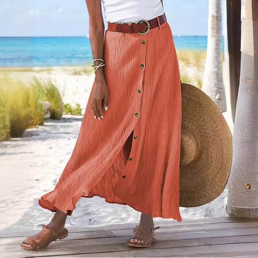 Women Skirt 2025 Spring Summer New Fashion Casual Cotton And Linen Solid Color Buttons Skirt Split A- Line Hip Waist Long Skirt - AIAZ