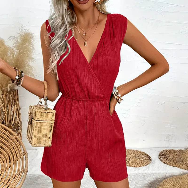 Jump Suit Women's Casual V-neck Monochromatic Jumpsuit Five-Point Shorts European and American Summer New Overalls Playsuits - AIAZ