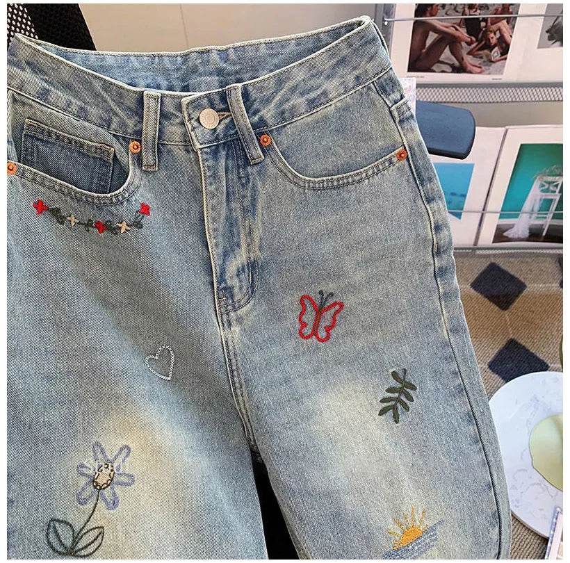 Vintage Embroidered Jeans Trousers For Women Summer 2025 New Korean Fashion High Waist Straight Retro Casual Denim Pants - AIAZ