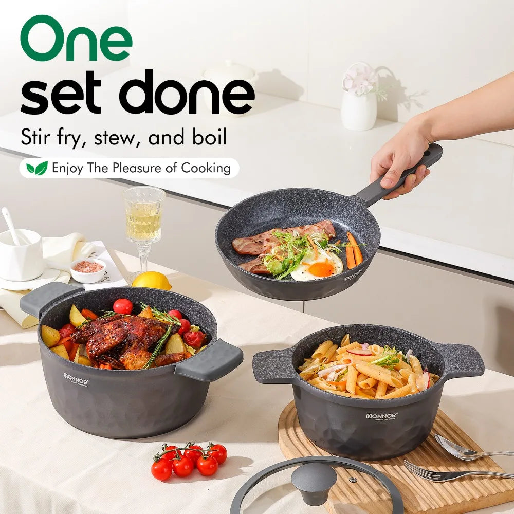 DONNOR Kitchen Cooking Set 12 Pcs Pots and Pans Set Non-toxic Healthy Pots and Pans Set Non Stick Saucepans Steamer Set