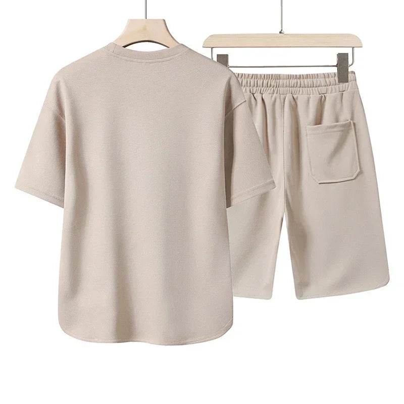 New 2025 summer men's casual round-neck T-shirt and shorts two-piece fashionable printed breathable men's short-sleeved suit - AIAZ