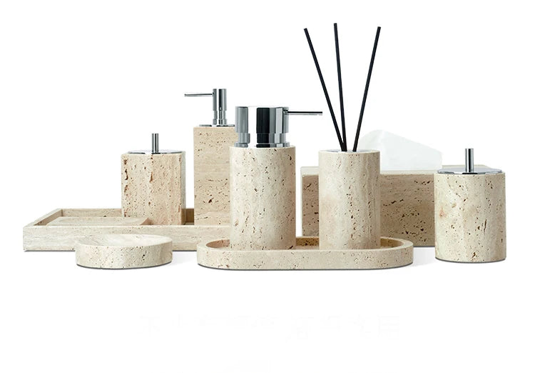 Beige Travertine Bathroom Accessories Set Natural Marble Soap Dispenser Soap Dish Reed Diffuser Vanity Tray Bathroom Set