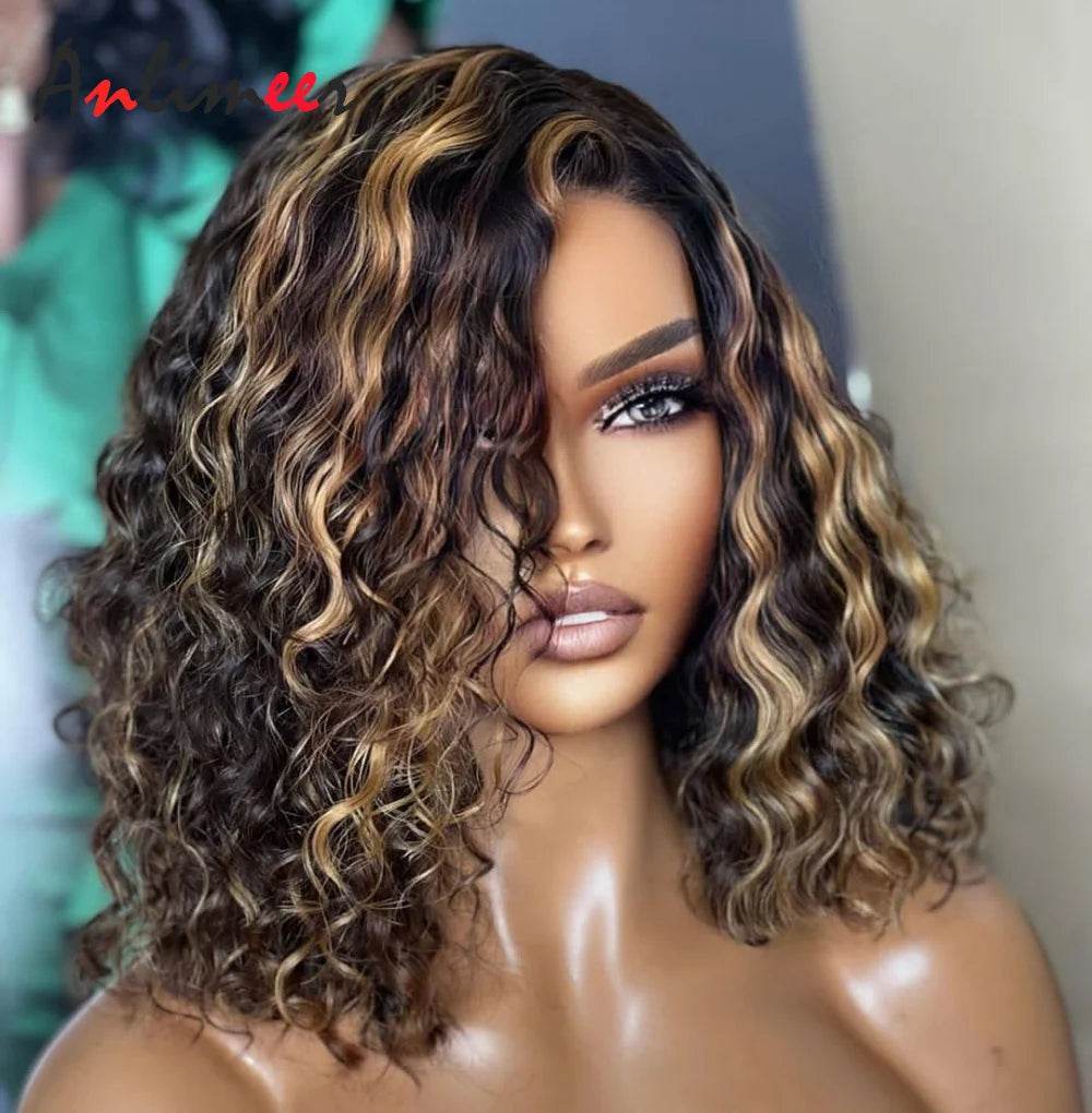 Silk Base Wig Strawberry Blone Highlight Wigs Short Curly Lace Front Wigs Human Hair Pre Pluncked With Baby Hair for Black Women - AIAZ