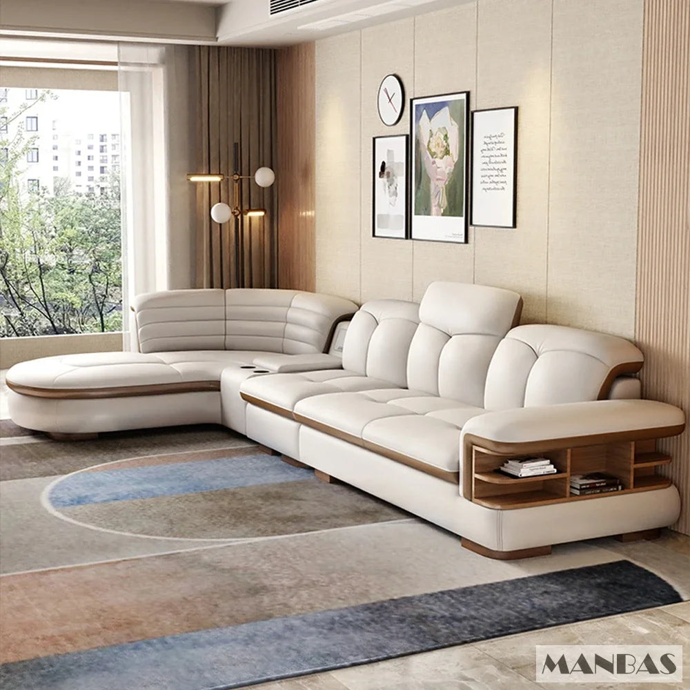 Luxury L-Shaped Genuine Leather Sectional Sofa Sets with USB, Bluetooth Speaker - Linlamlim Living Room Italian Leather Couches