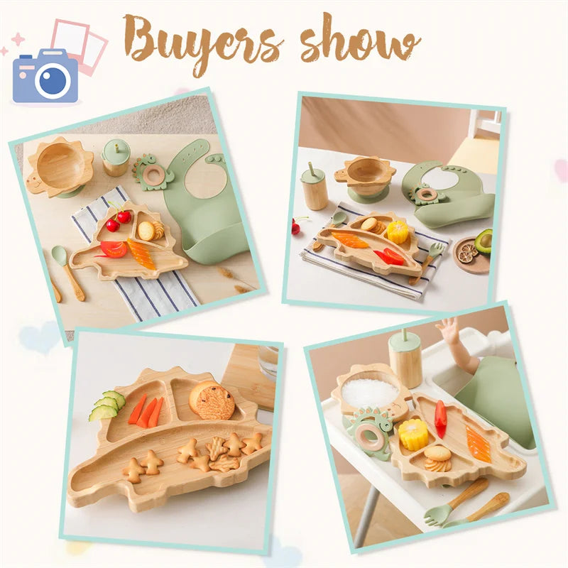 7pcs Silicone Baby Feeding Set Baby Feeding Supplies Kids Bamboo Dinnerware With Cup Children's Dishes Bowl Stuff Tableware Gift