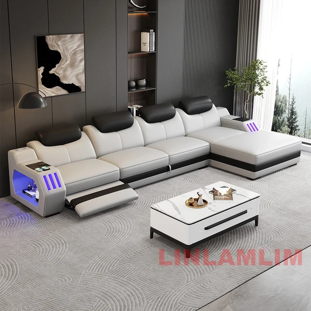 Modern L-Shaped Sectional Sofa Bed with Adjustable Headrests & LED Lights, Genuine Leather Recliner Couch with Storage & USB