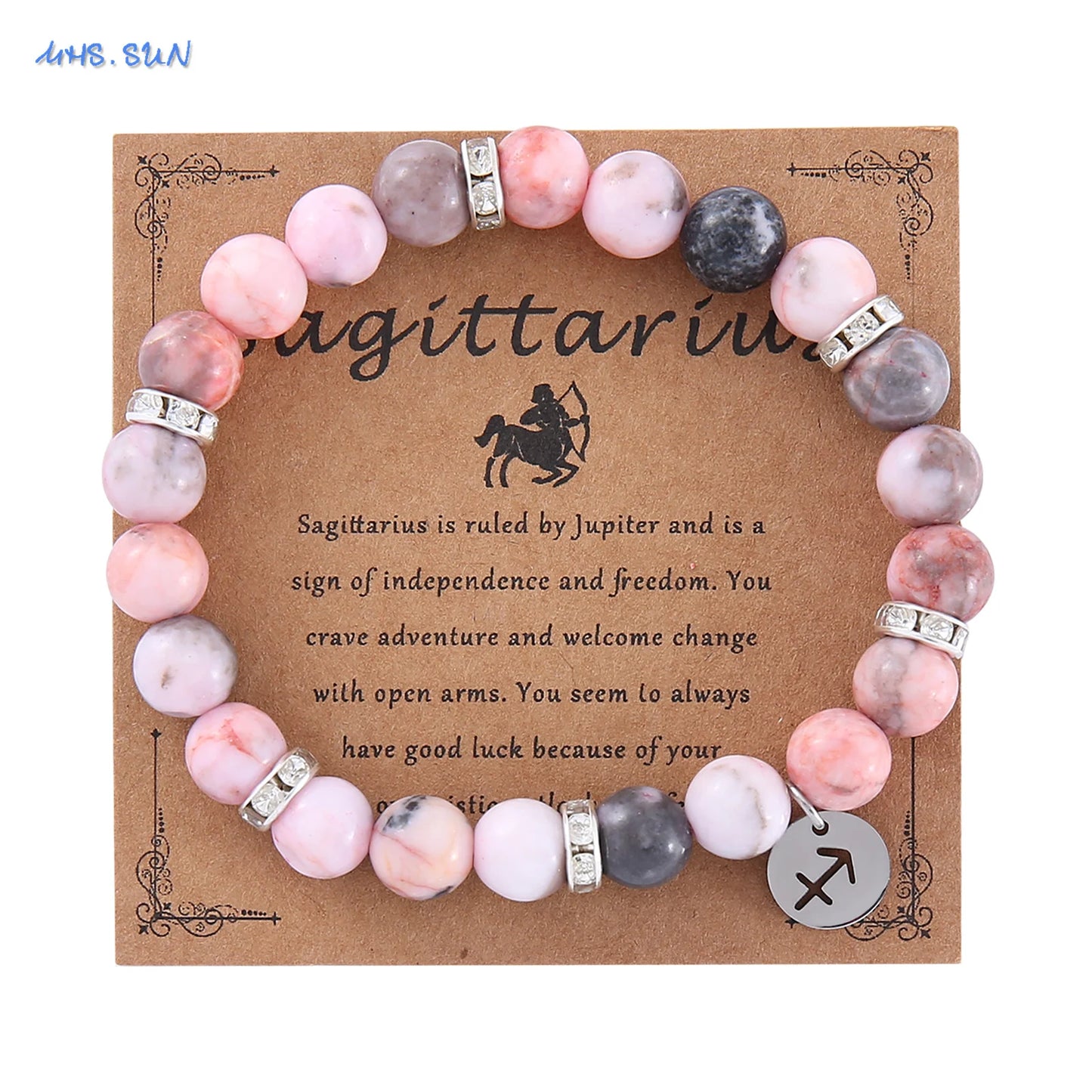 MHS.SUN 12 Star Zodiac Sign Pink Zebra Stone Beaded Bracelets Constellation Fashion Birthday Party Jewelry For Women Men