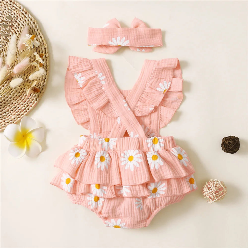 Infant Baby Girl Romper Clothes Ruffle Sleeveless Newborn Bodysuit with Headband Summer Jumpsuit Fashion Toddler Outfit Suit