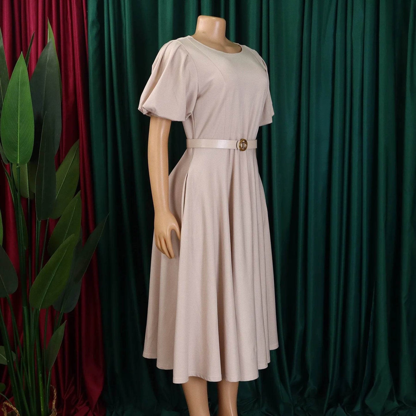 Elegant Office Dress for Women Professional O Neck Short Sleeve Belt Waisted A Line Mid Calf Formal Business Work Dress Midi New - AIAZ