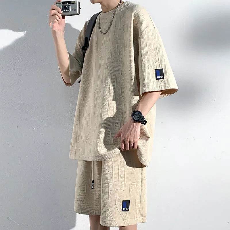 2025 3D Men's new Waffle TZ30 Summer Suit Casual T-shirt + Shorts Suit Men's Tracksuit Solid color tracksuit loose suit - AIAZ